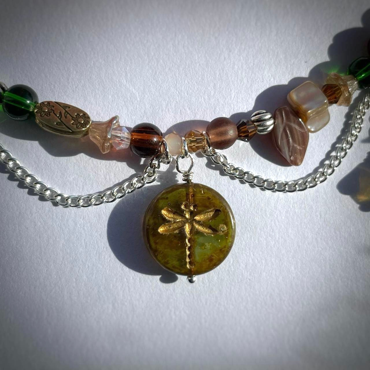 green and brown dragonfly necklace